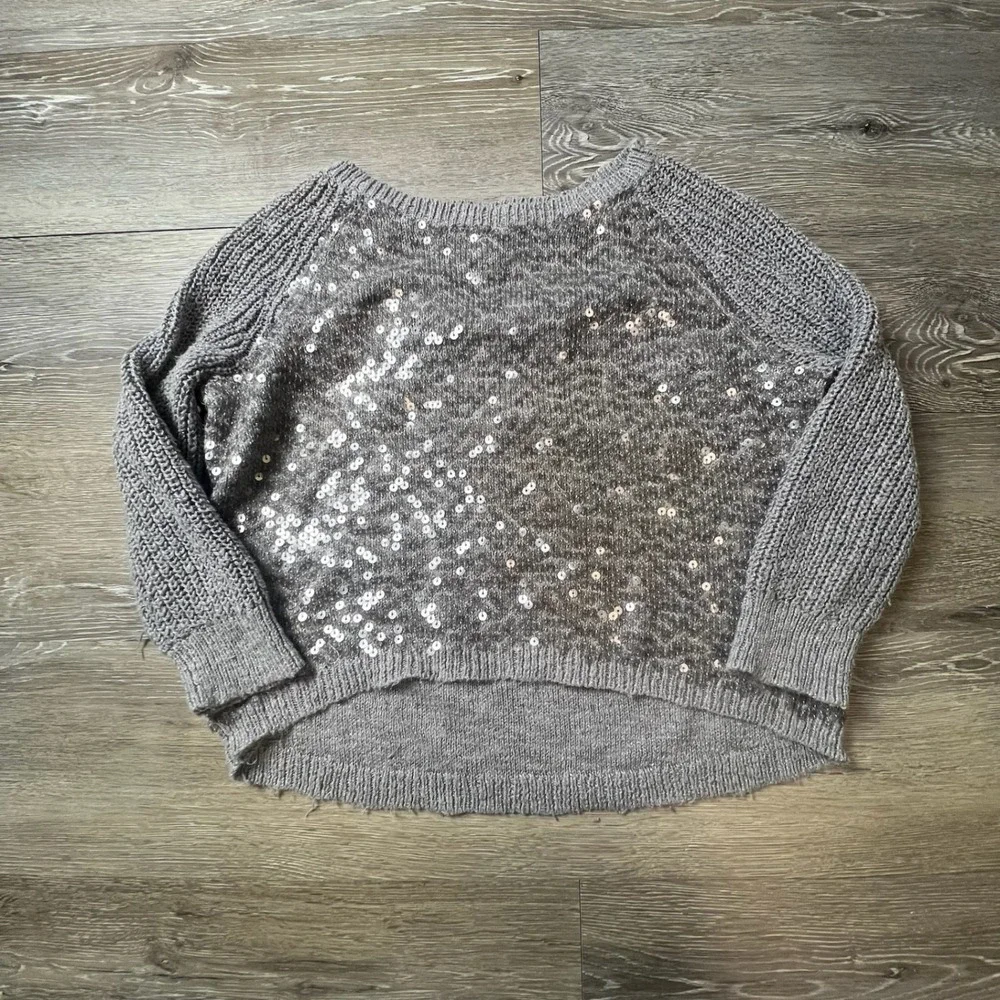 Justice Sweater‎ Girls 14 Grey Sequin Metallic Knit High-Low Long Sleeve Sparkly